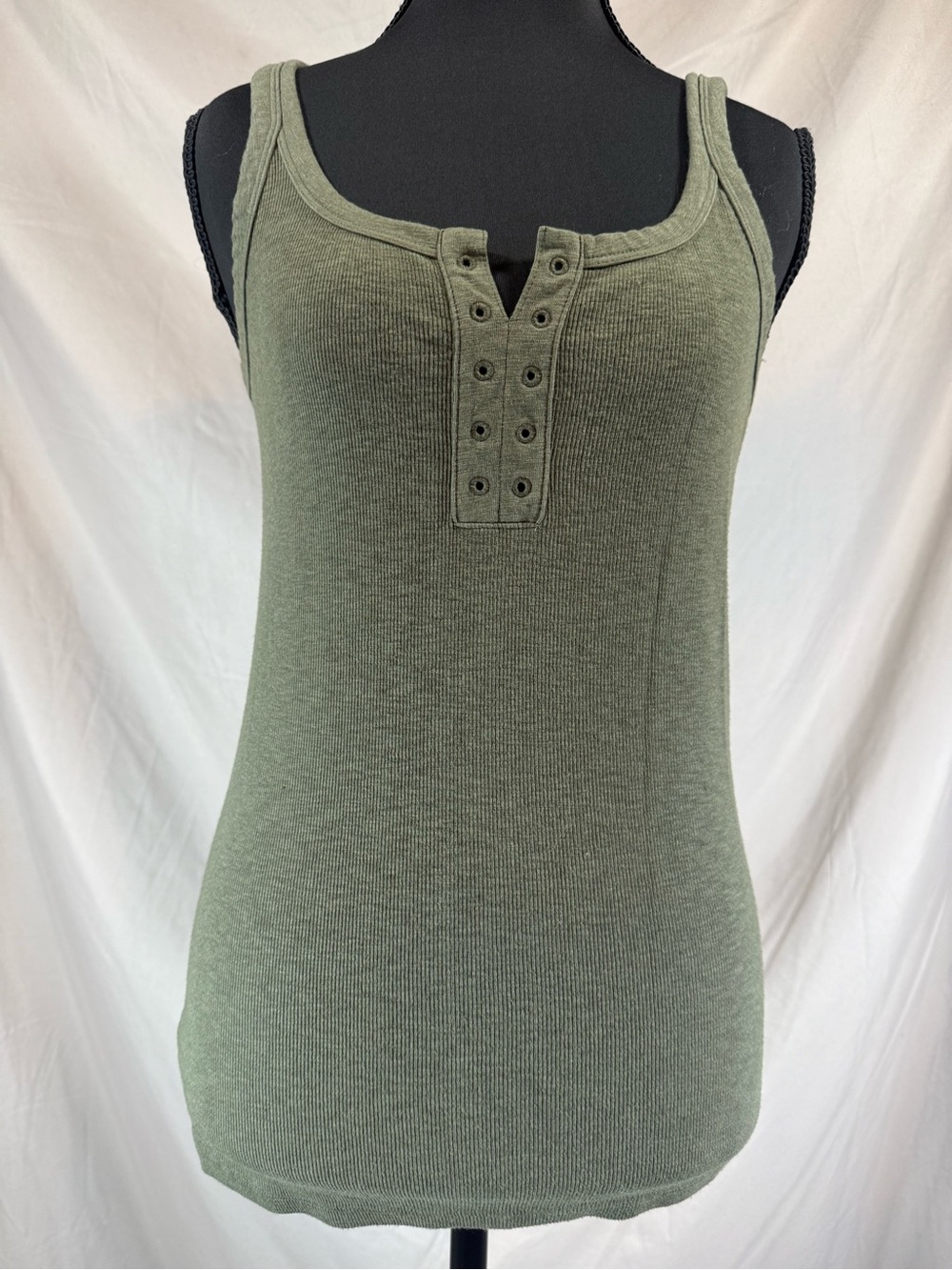 Aerie Love This Moment Ribbed Grommet Snap Henley Tank Olive Green - Medium